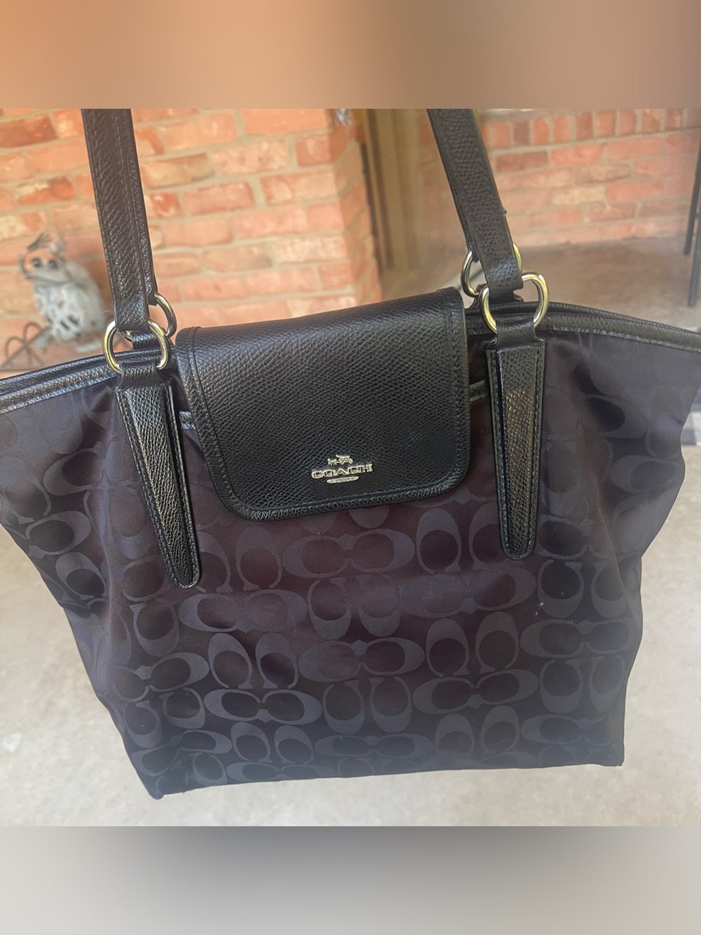 Coach Black Signature Jacquard Tote with Leather Trim